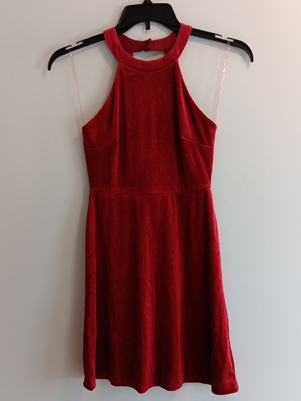 Red Velvety Halter Mini Dress with High Neck